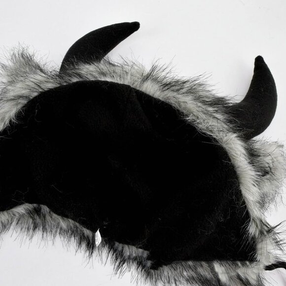 Men A-black Furry Buffalo Horn Winter Hat  Unisex Faux Fur Earflap Trooper Cap